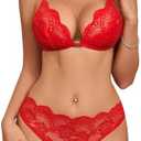 Avidlove Lace Lingerie Set for Women Sexy Front Closure Matching Bra and Panty Sets 2 Piece Wireless Bralette Outfits, Red, M