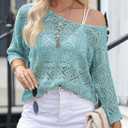 Sidefeel Women's 2025 Spring Summer Crochet Tops Off The Shoulder Hollow Out Knit Tops 3/4 Sleeve Pullover Sweater Cover Ups (Blue, M)