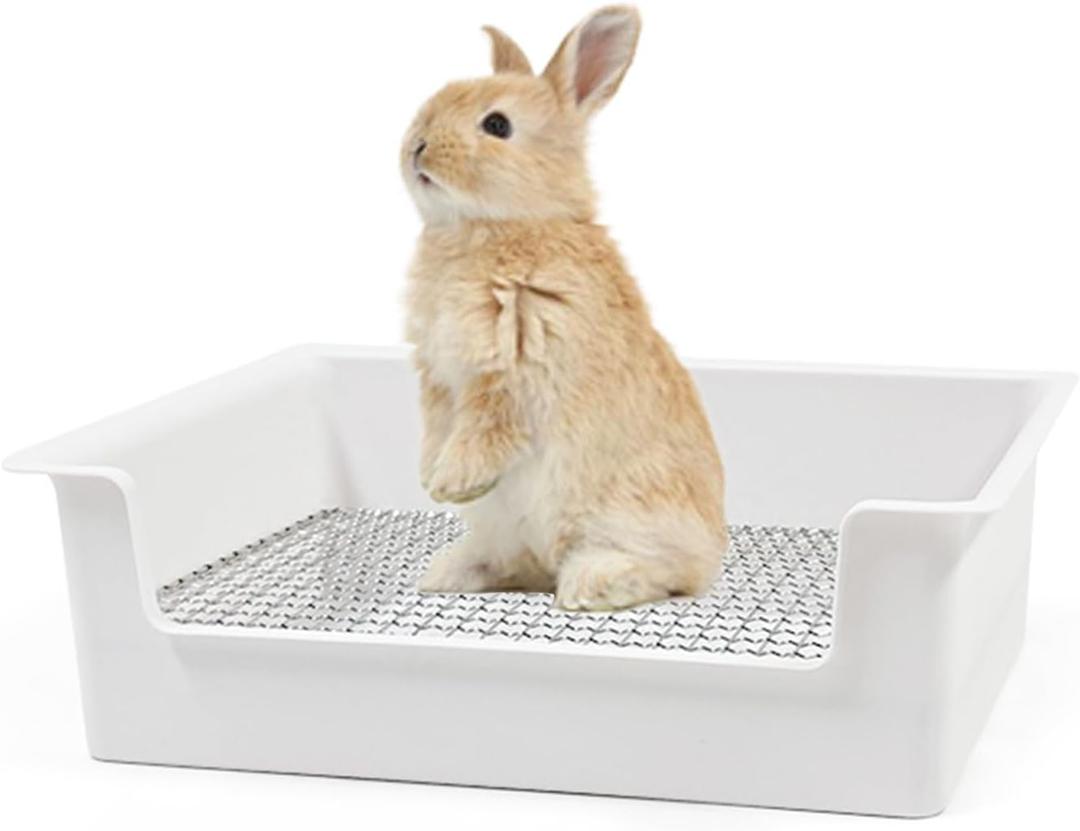 PODOO Steel Grids Rabbit Litter Box - Bunny Litter Pan Training Box, 15x11x4.7 inches, 1cm Holes Steel Mesh for Small Animals, Orange (White)