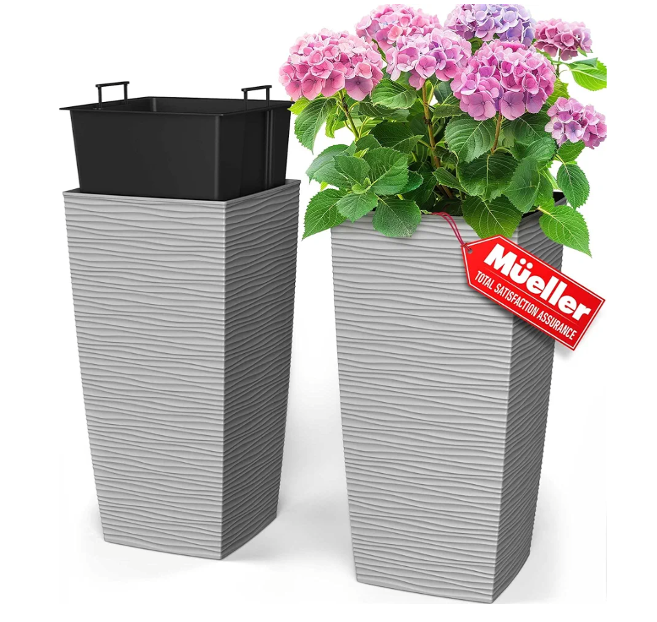 Mueller M-Resin Heavy Duty Tall Planters for Outdoor Plants, Indoor Grande Plant Pots, Boxes, Trees, Flower Pots, 2-Piece Set, 24”, Modern Design, Built-in Drainage, Front Porch Decor, Light Gray