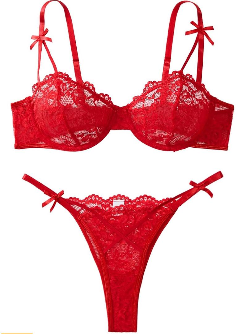 Lilosy Sexy Underwire Cute Push Up Strappy Embroidered Mesh Sheer Lingerie Set See Through Panty Bra, XL