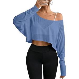 Women's Off Shoulder Mesh Crop Top Sheer See Through Long Sleeve Sexy Casual Outfit for Spring Fall (Blue, S)