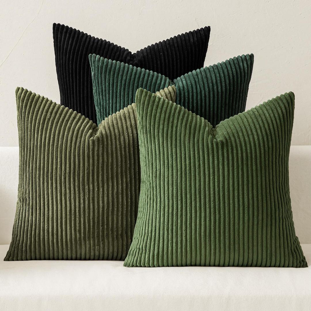 MIULEE Boho Farmhouse Throw Pillow Covers 18x18 Inch Set of 4 Mordern Neutral Green Cushion Covers Soft Corduroy Nordic Home Decor for Spring Couch Bed Sofa Living Room Green-Black