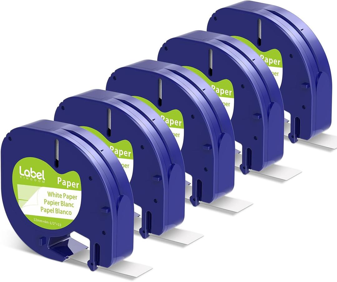 Compatible with Dymo Label Maker Refills 91330 White Paper Label Maker Tape Replacement for Dymo Letratag Refills 12mm x 4m (1/2" x 13') for LT-100H 100T Plus 200B, 5-Pack Label KINGDOM Refills