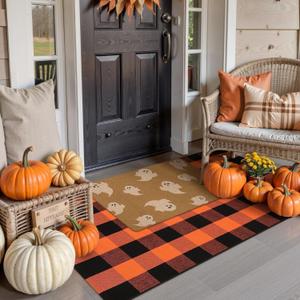 OJIA 2PCS Fall Door Mat Combo Set Halloween Doormat, 3'x5' Black and Orange Buffalo Plaid Rug and Imitation Coir Fall Doormat, Autumn Welcome Mat Outdoor Porch Decor Thanksgiving Front Door Mats