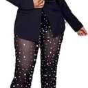 Vakkest Womens 2 Piece Outfits Suits Sheer Mesh Bead Pants and Long Sleeve Business Casual Office Work Blazer Sets (X-Large, Black)