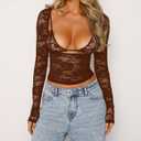 Womens Floral Lace Top Y2K Backless Crop Top Sexy Sheer See Through Shirt Slim Fit Going Out Tops