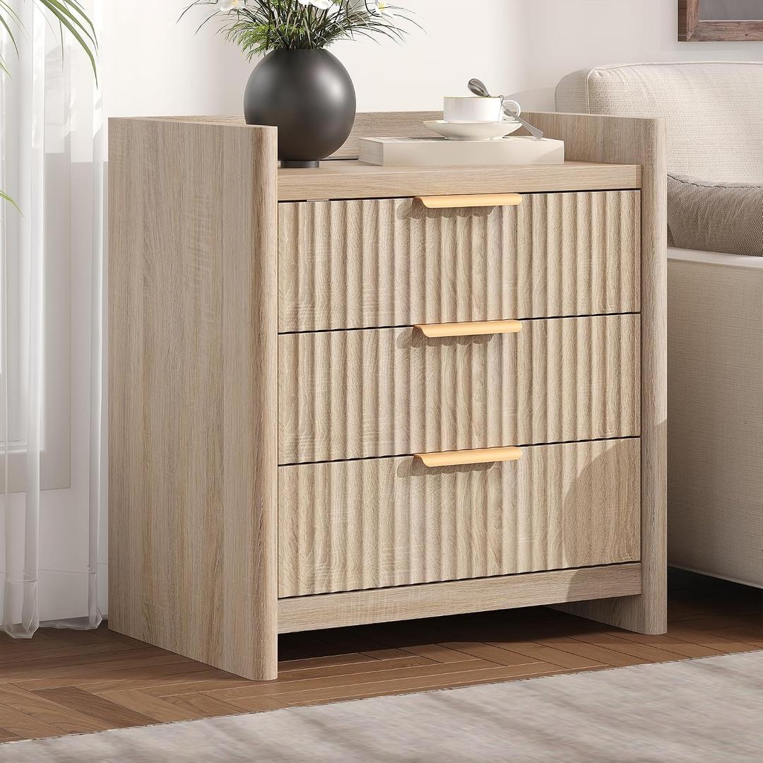 25.9" Fluted Nightstand with Charging Station, Large Bedside Table with 3 Storage Drawers and Metal Handle, Modern End Table for Bedroom, Home Office(Natural Oak)