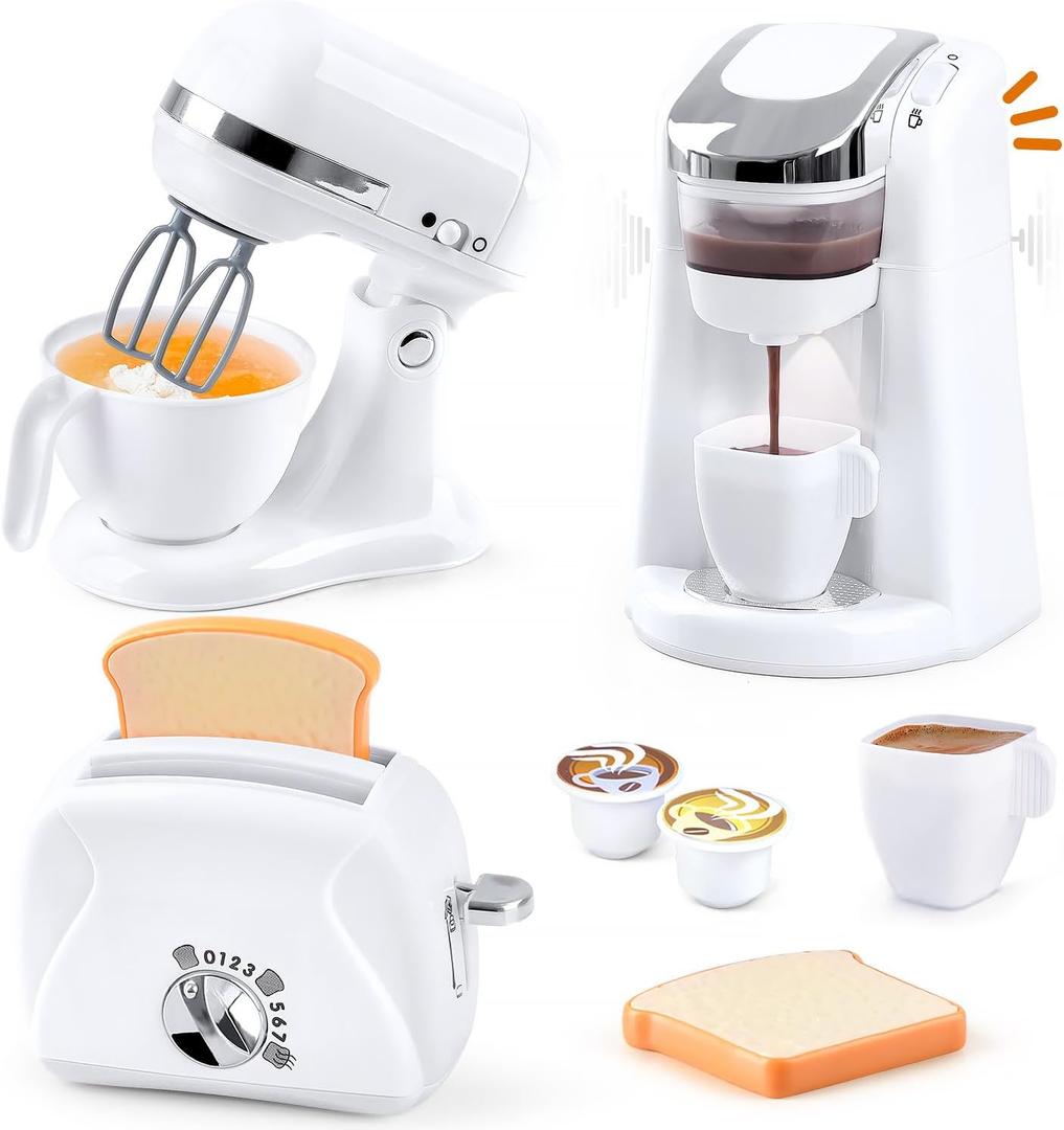 Play Kitchen Appliances Toys, Kids Kitchen Playset Accessories, Pretend Play Toy Sets with Coffee Maker, Mixer, Toaster with Realistic Lights & Sounds, Gifts for Boys Girls Toddlers Ages 3+, White