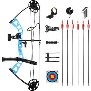 Junior Compounnd Bow Set for Youth & Kids,Beginners and Women Bow Draw Length 16"-28",Draw Weight 10-40Lbs,290fpsAdjustable (Blue Right-handed)