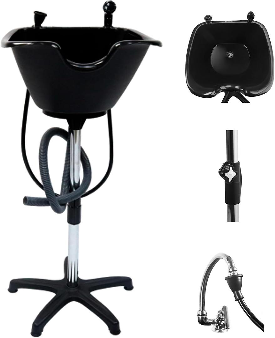 Dompel Portable Shampoo Bowl – Washing Unit & Hair Sink for Salons, Home Care, Seniors & Disabled – Chrome Steel Structure, Adjustable Height, 22L Capacity, 19.3 x 19.3 x 35.23 inches