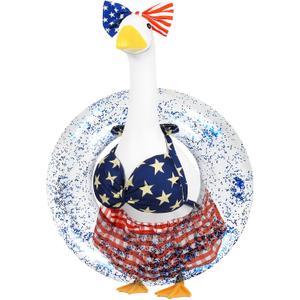 4th of July Porch Goose Outfits,3 Pcs Goose Outfit Set with Bow Headband,Bikini Skirt and Swim Ring,Fits 23-Inch Lawn Goose Statue,Patriotic Porch Goose Clothes for Yard Garden Patio Decor