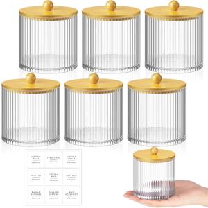 Yaomiao 6 Pcs Ribbed Bathroom Canisters Apothecary Jars with Golden Bamboo Lids and Label Stickers, 18 oz Plastic Canister with Fluted Design for Cotton Ball, Swab, Floss Picks House Storage