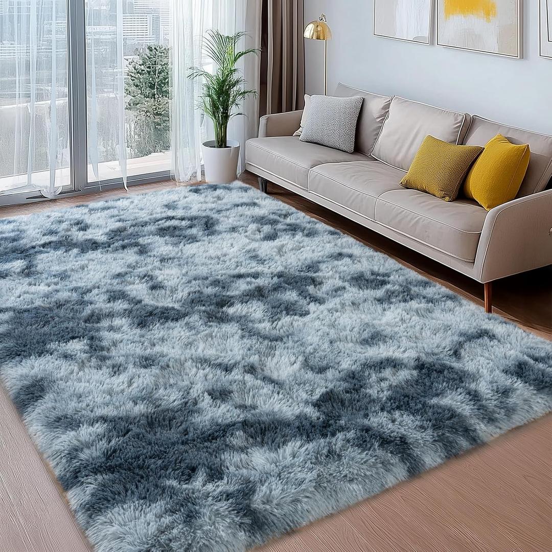 Soft Shag Rugs for Bedroom, 4x6 Tie-dye Blue Grey Fuzzy Rugs for Living Room, Fluffy Shaggy Plush Carpet Girls Kids Room Dorm Upgrade Non-Slip