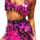 Aukmla Women Sequin Rave Outfits Dance Body Chain Skirt with Top Nightclub Outfit
