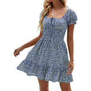 Heysolo Womens Boho Floral Smocked Square Neck Short Sleeve Ruffle Beach Summer Mini Dress (Blue)