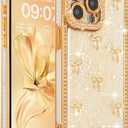 FABSPARK Case for iPhone 16 Pro Max,3D Gold Ribbon Bow,Crystal Clear Glitter Diamond Rhinestone Sequin Shiny Sparkly Bling,Aesthetic Transparent Soft for iPhone 16 Pro Max Case - Golden/Gold Bow