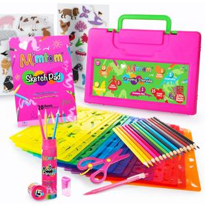 Drawing Stencil Kit for Kids, 60 PC Art Set with 370+ Shapes, Sketch Pad, and Colored Pencils for DIY Arts and Crafts for Boys and Girls, Draw with Letter, Animal and Car Stencils, Pink