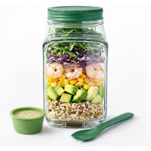 HUZ Salad Pod Side Open Jar - Leakproof Salad Jar with Side Opening & Dressing Cup - Portable Salad Container for Lunch with Spork (1000ml / Green / 1-Pack)