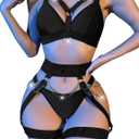 Lilosy Sexy Chain Strappy Garter Belt Women Lingerie Set Rave Outfits (Small, Black)
