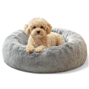 JOLLYVOGUE Small Dog & Cat Beds for Indoor Cats  20 inches Calming Donut Dog Bed for Kittens & Puppies, Washable Round Fluffy Plush Faux Fur Pet Beds (Smoke Grey)