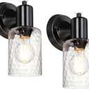 Wall Sconces Set of 2 - Matte Black Vanity Lights for Bathroom Modern Wall Light Fixtures with Rotary Switch - Wall Mount Light with Hammered Glass,Farmhouse Wall Lamp for Bedroom Mirror Living Room