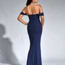 KUTUMAI Off The Shoulder Maxi Long Dress Corset Ruched Bodycon Cocktail Formal Wedding Guest Dresses for Women (Blue, M)