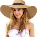 Senker Fashion Sun Hats for Women Oversize Wide Brim Straw Beach Hat Floppy Foldable Roll-Up Summer Vacation UPF 50+ (Large, Khaki)