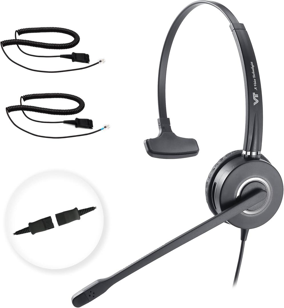 Telephone-Headset Microphone Noise-Cancelling Headphone QD - Quick Disconnect Call Center Headset with RJ09 Cables Compatible with Polycom,Yealink,Grandstream,Snom,Fanvil,Aastra,Mitel,Digium Phones