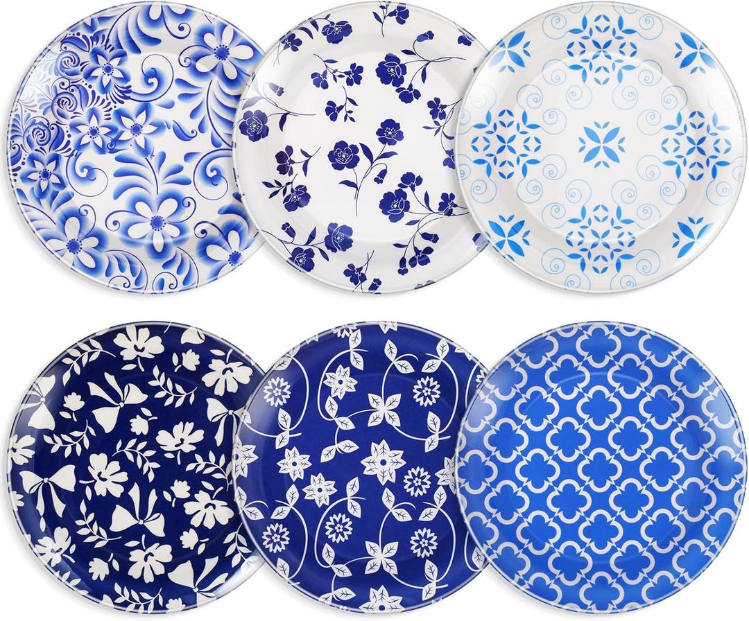 12 Pcs 10 Inch Blue and White Plastic Plate Floral Thickened Blue White Serving Dishes Vintage Heavy Duty Platters Reusable for Dinner Salad Dessert Appetizer, Microwave and Dishwasher Safe