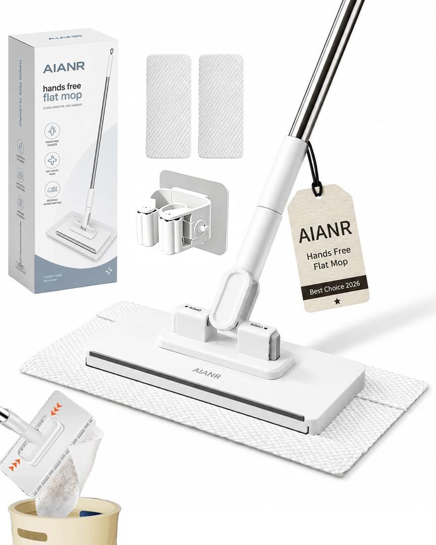 Hands-Free Multi-Purpose Flat Mop Lazy Cleaning & Face Towel Compatible 39in Long Handle Dust with Locking Head for Wall Bathroom Toilet Corners Multi-Surface