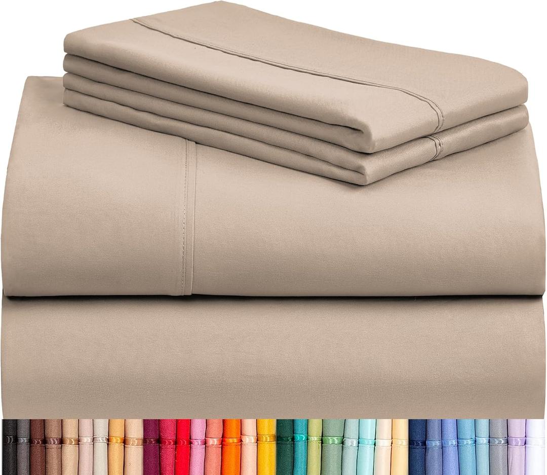 LuxClub 4 PC Queen Sheet Set, Deep Pockets Wrinkle Free Cooling Bed Sheets Hotel Bedding for Women, Men, Kids & Teens, Includes 1 Fitted Sheet, 1 Flat Sheet and 2 Pillowcases-Soft Light Khaki