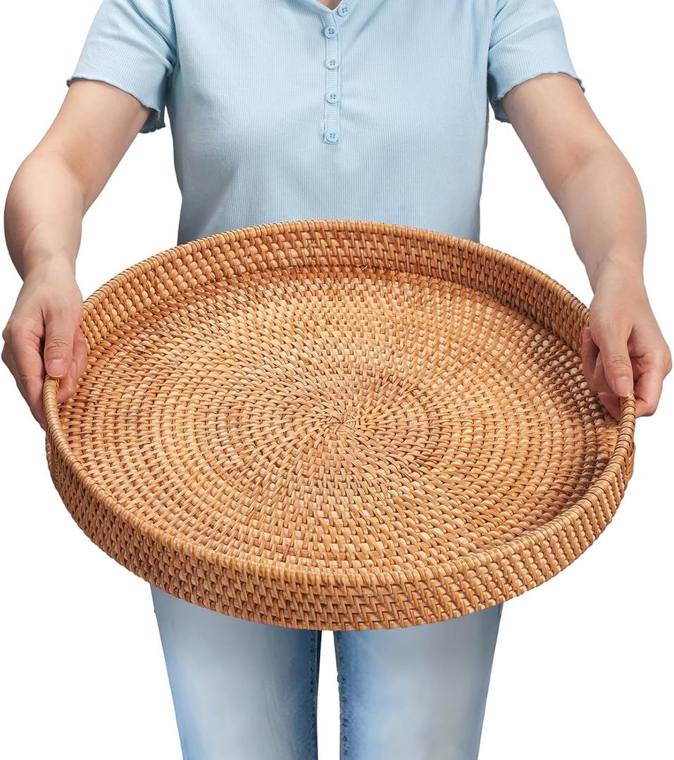 Rattan Serving Tray, Wicker Round Fruit/Bread Serving Basket, Extra Large Decorative Ottoman Tray for Living Room, Coffee Table, Breakfast, 16.9 inch