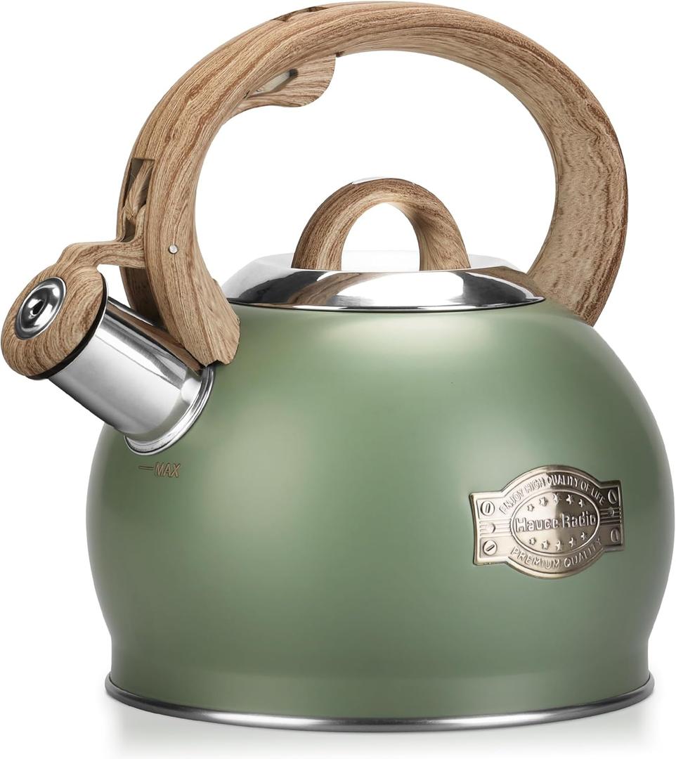 Tea Kettle Stovetop, 2.1 Quart Stove Top Whistling Tea Kettle, Teapot Kettles with Food Grade Stainless Steel and Wood Pattern Folding Handle, Suitable for All Heat Sources (Green)