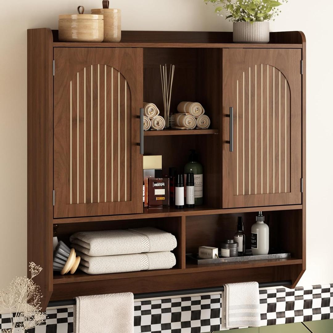 RUSTOWN Fluted Bathroom Wall Cabinet, Mid-Century Modern Medicine Cabinet with Adjustable Shelves & Towel Bar,3-Tier Wall Mounted Cabinets, Over The Toilet Storage Cabinets for Bathroom, Dark Walnut
