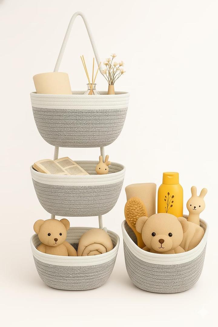 Japanese Handmade Cotton Rope Hanging Basket Organizer  3 Tier Wall boho Storage Organizer for Toys , Snacks & Dcor  Eco-Friendly Coiled Weaving Craft, Housewarming & Shower Gift (White&beige)