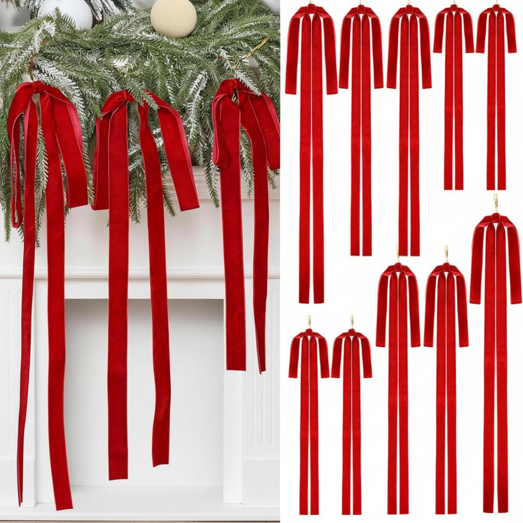 Janinka 12 Pcs 3 Sizes Red Velvet Bows Christmas Tree Ornaments Vintage Christmas Ribbon Bow for Tree Garland Rustic Wreath Indoor Xmas Decoration