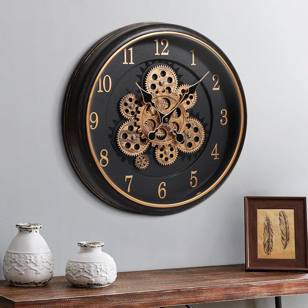 Large Wall Clock with Moving Gear, 40cm / 16 Inch Retro Wall Clock for Living Room Decor, Industrial Steampunk Decorative Wall Clock Vintage Bronze Gold Retro Wall Clock for Farmhouse Home (Antique Bronze - Arabic Numerals)
