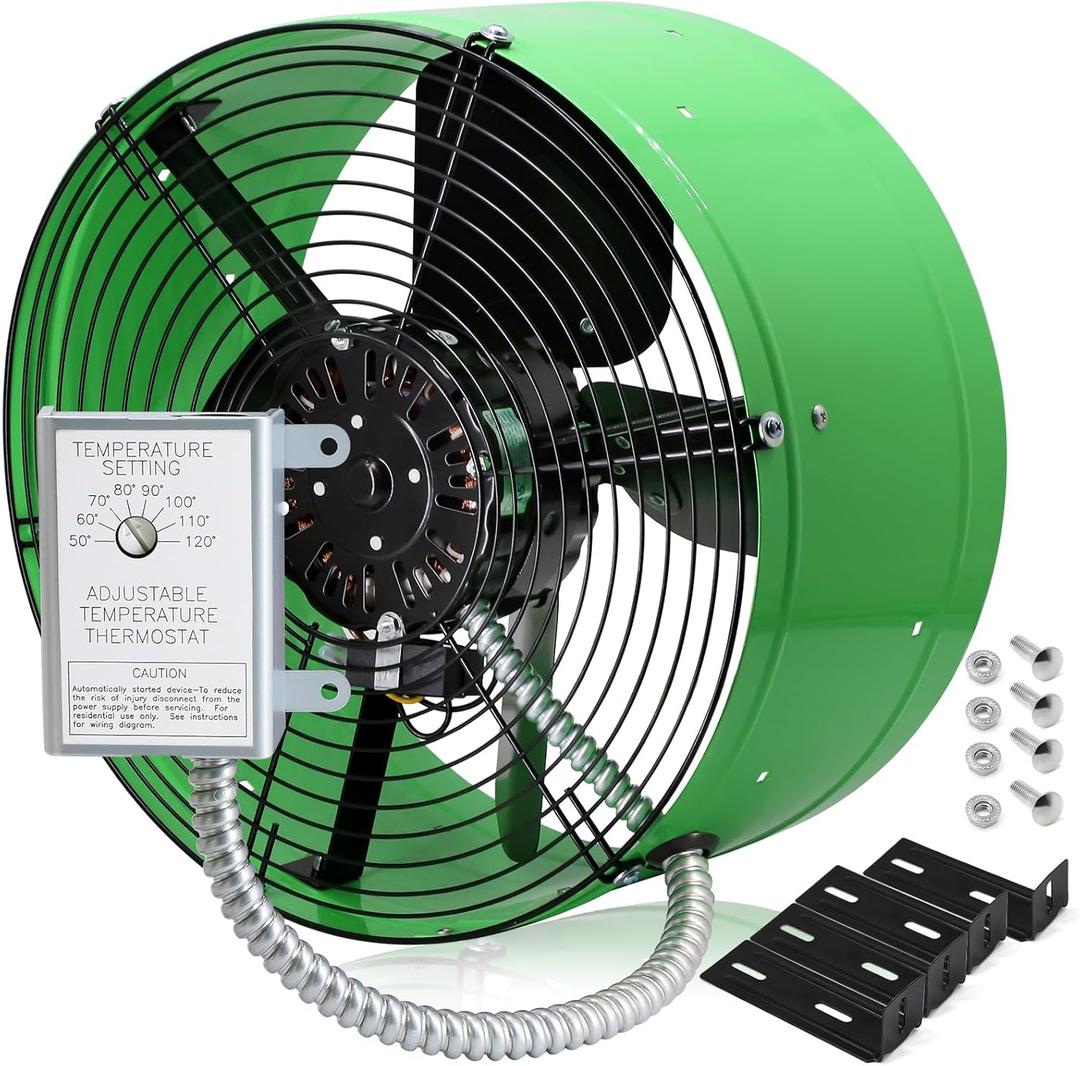 Hiorucet Upgraded 15 Inch Gable Vent Exhaust Fan, 1650CFM 2500 SQF High Performance Low Noise Attic Gable Mount Fan with Adjustable Thermostat, 14 Inch Blade and Permanently Lubricated Motor, Green.