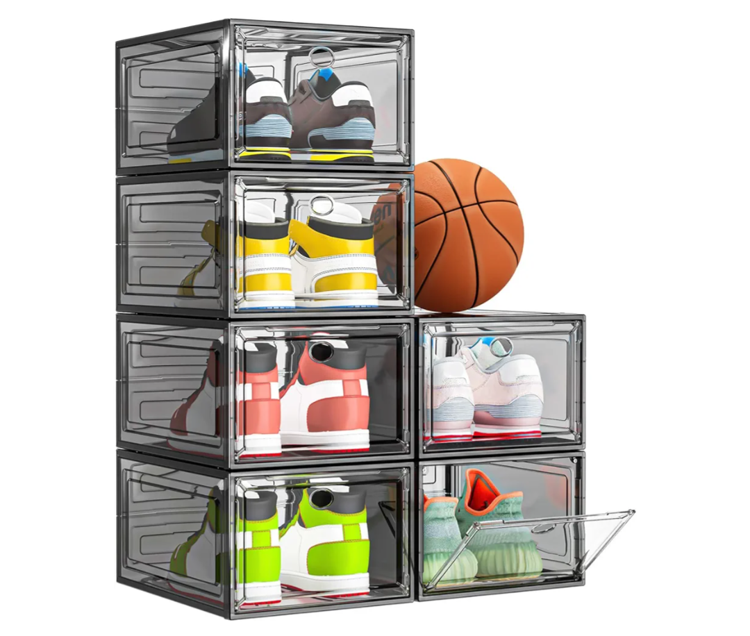 6 Pack Thicken Shoe Organizer Stackable,Upgraded Sturdy Shoe Storage Box with Magnetic Door,Shoe Containers For Sneaker Display,Hat Organizer,Black
