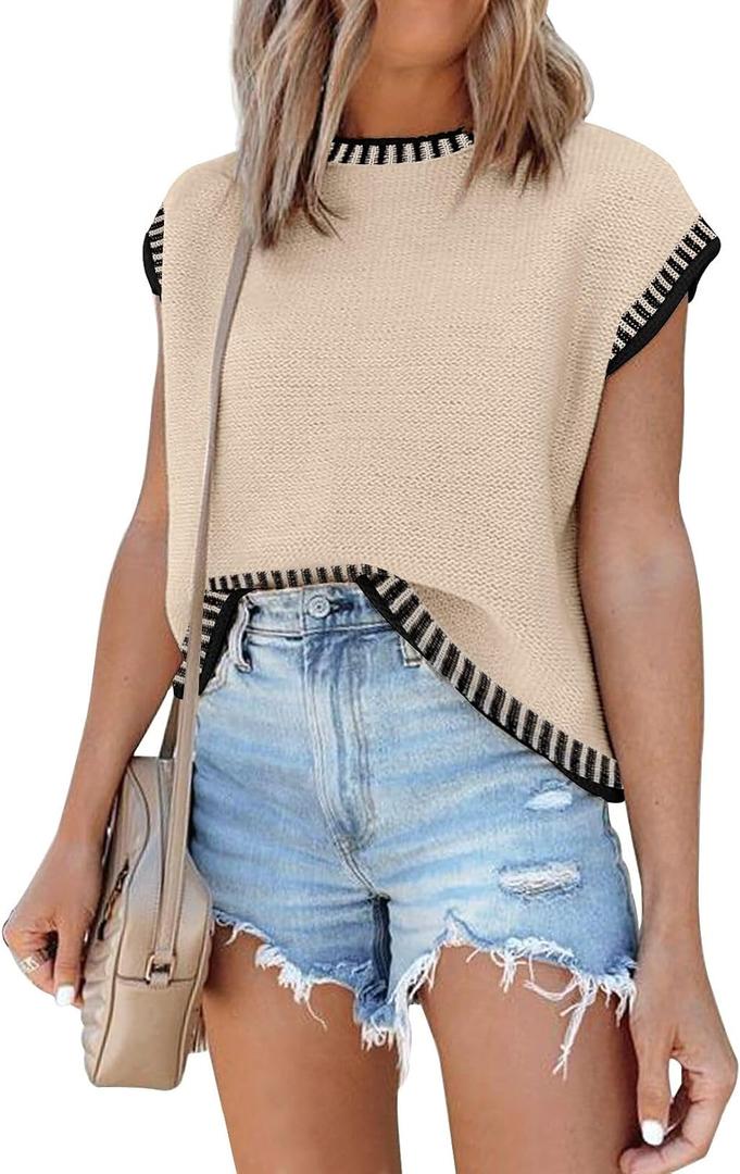 Disamer Cap Sleeve Knit Sweater Tops Sleeveless Vest 2026 Spring Clothes Oversized Summer Tank Trendy Short Sleeve T Shirts (Beige, XL)