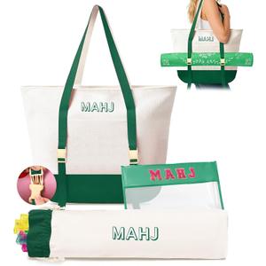 Mykng Nzw Empty Mahjong Tile Bags Set for American Tiles and Racks, Canvas Tote Bag with Mat Holder Accessories Organizer, Portable Mahjong Case Drawstring Protective Sleeve for Rack Pushers, Green