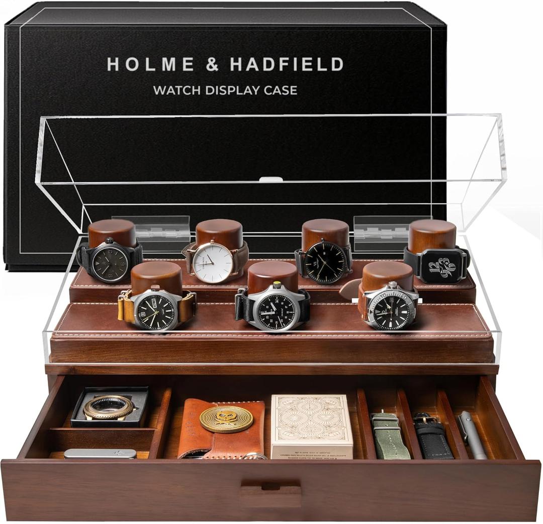 Premium 7 Slot Watch Box for Men - Large Wooden Watch Display Case with Hinged Cover, Leather Lining & Drawer - Watch Holder Organizer Stand - Handcrafted Luxury Valentine's Day Gift for Men 