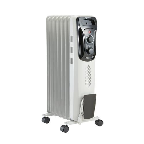 Amazon Basics Portable Oil Radiator Heater for Indoor Use, 3 Heat Settings, Over-Heat Protection, ETL-certified Safety, 7 Oil-Filled Steel Fins, 1500W, 11"D x 14.8"W x 25.2"H, White