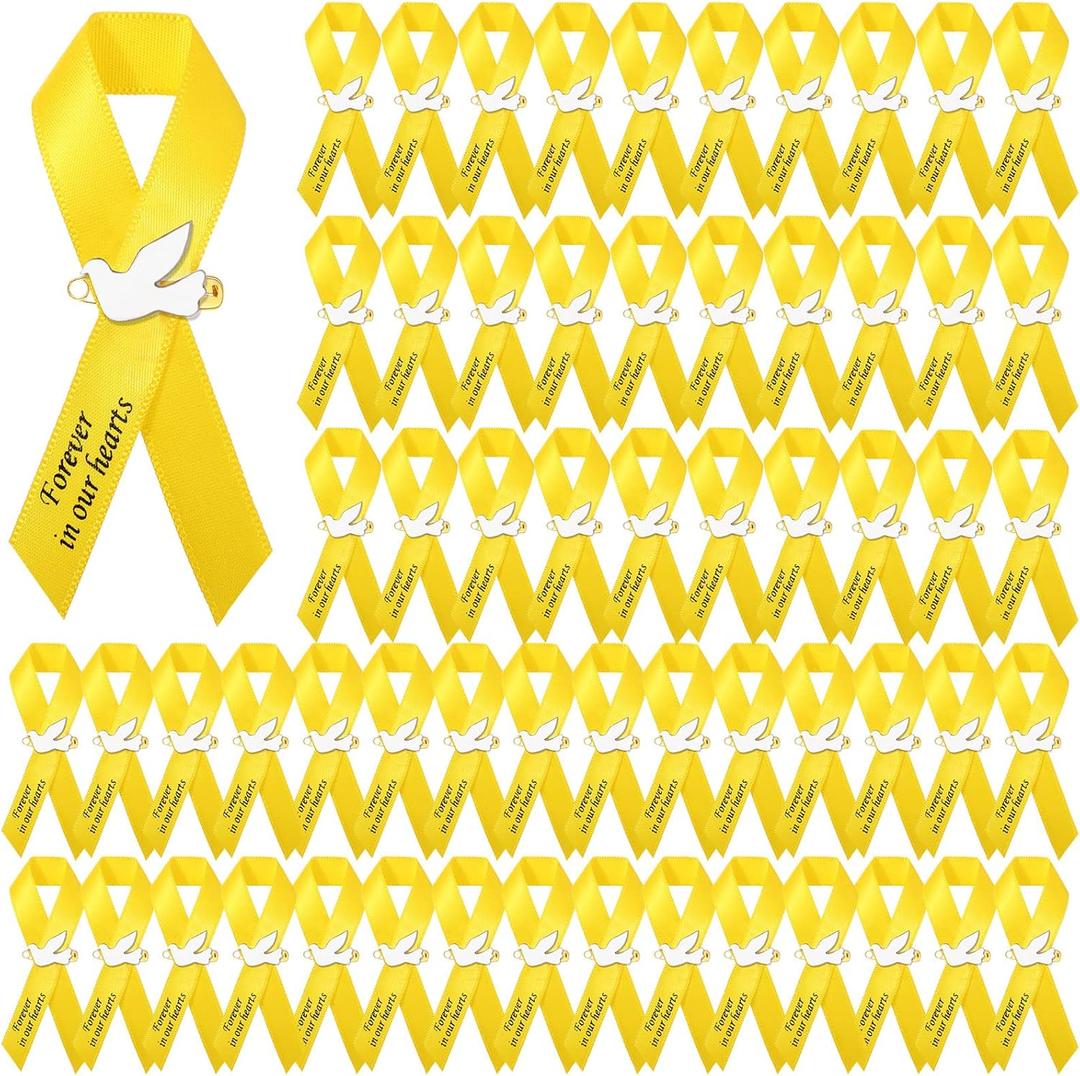 50 Pcs Dove Funeral Ribbons Memorial Ribbon Funeral Pins Classic Memorial Service Respect Ribbon Bow with Safety Pins and Dove for Mourning Remembrance Day Event(Yellow)
