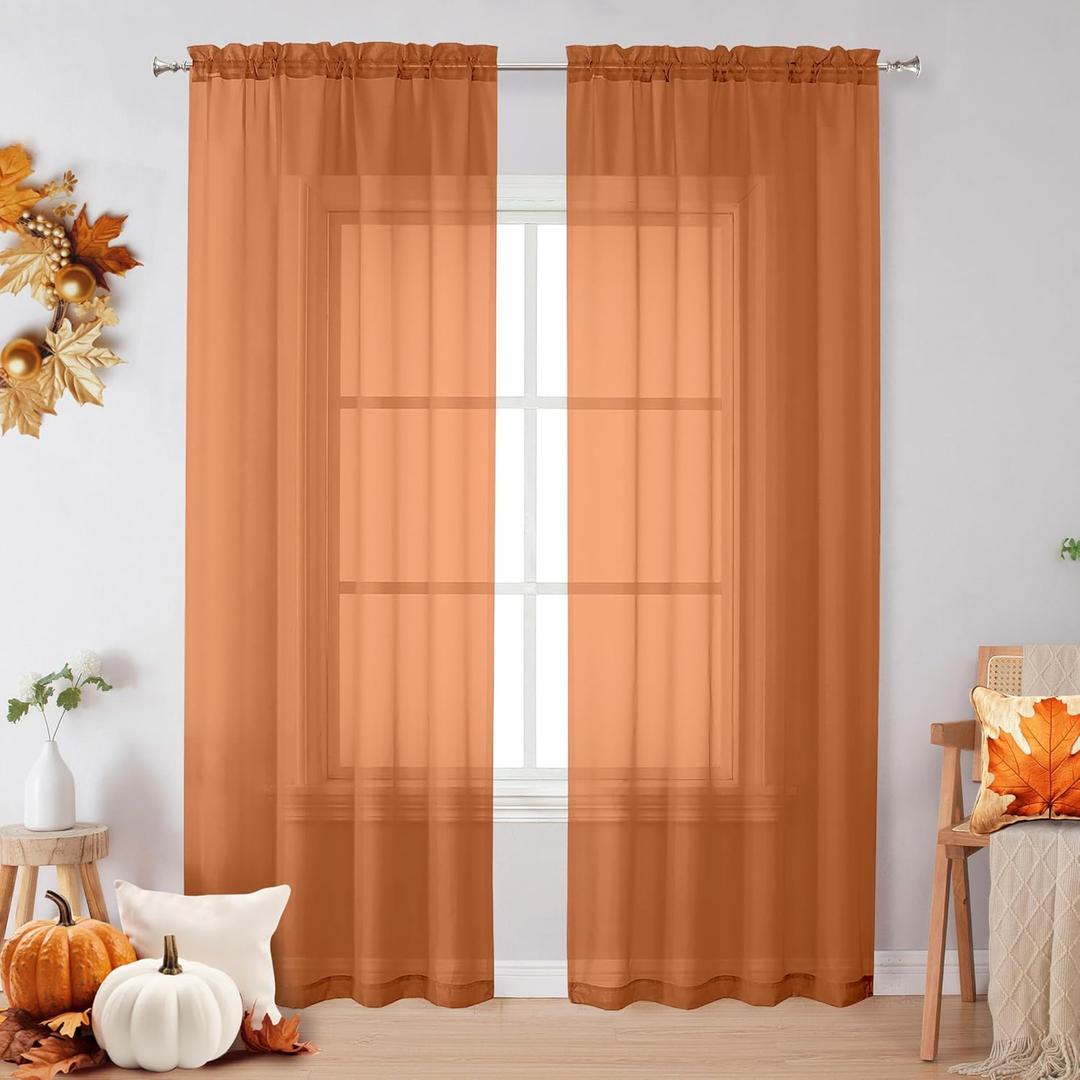 OVZME Orange Sheer Curtains 72 Inches Long 2 Panels - Soft Light Filtering Window Sheer Panels for Living Room/Bedroom, Top Dual Rod Pocket, 1 Pair, Each 42Wx72L Inches
