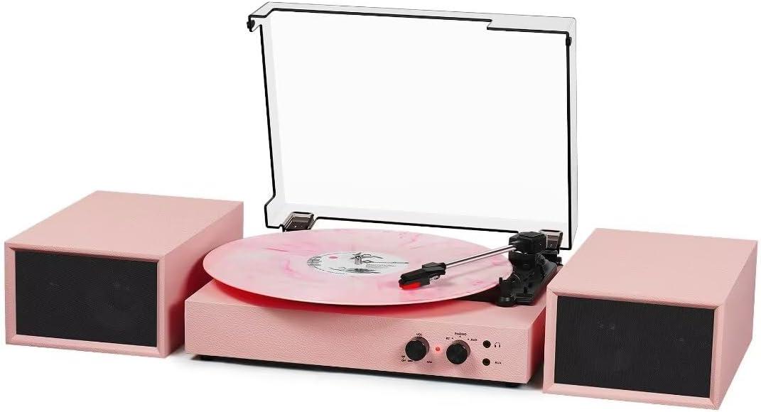 Vinyl Record Player with Bluetooth and External Stereo Speakers, | Vinyl to MP3 Converter | 3-Speed Turntable with USB Recording, AUX Input, RCA Output, Headphone Jack, Auto Stop, Pink