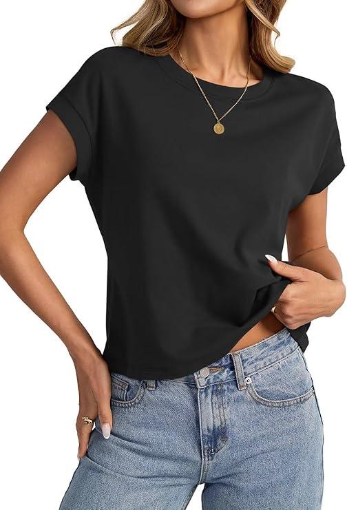 Womens Cap Sleeve Crop Tops Cotton T Shirts Crewneck Loose Fit Short Sleeves Tee Summer Fashion Clothes 2025 S
