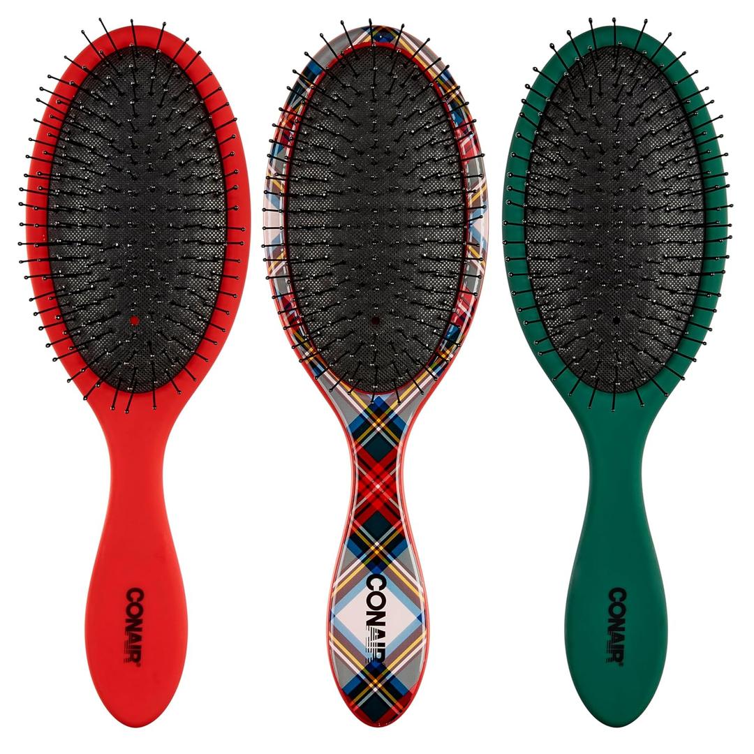 Conair Detangling Hair Brush Set 3 Pack, Use Wet and Dry and ideal for All Hair Types, Detangler Brushes for Women and girls, gifts for her, Tartan, Red, Green