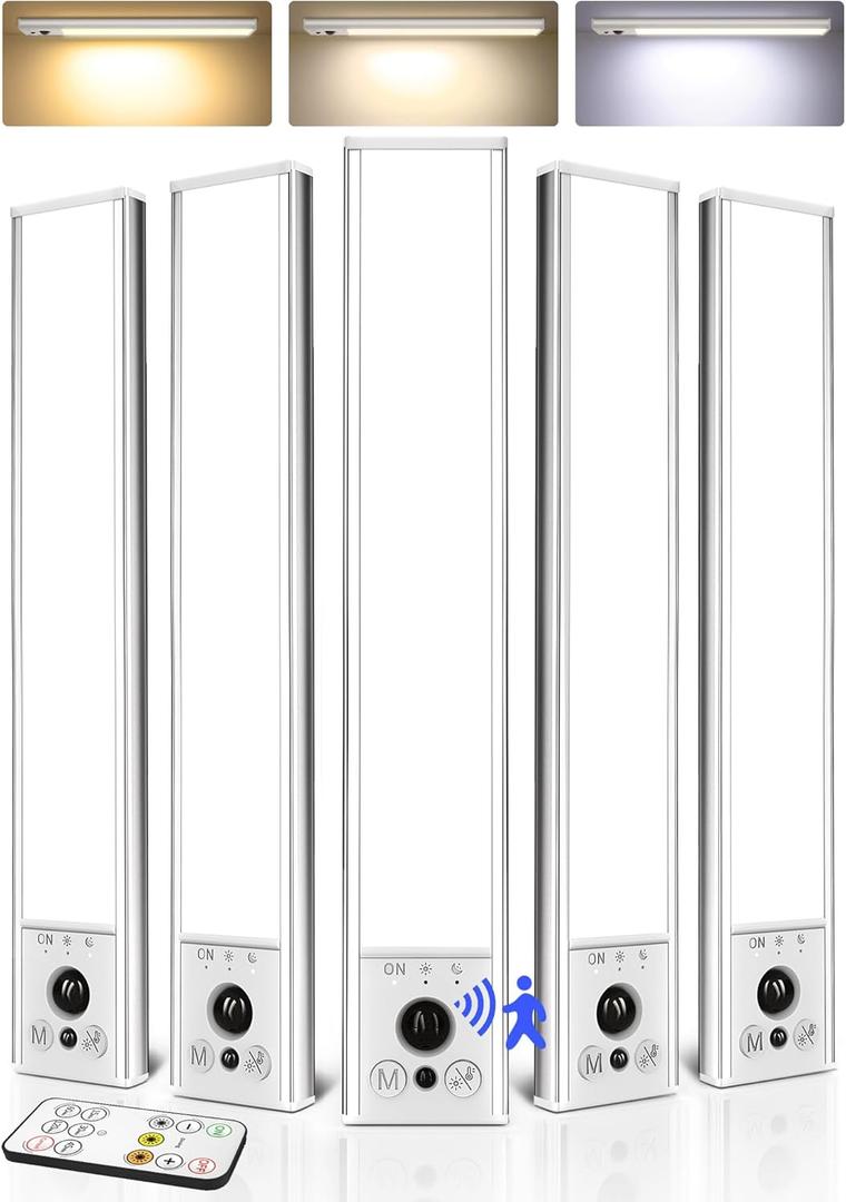 EZVALO 5-Pack Under Cabinet Lighting, 2400mAh Rechargeable Motion Sensor Light, 10inch Magnetic Closet Lights with Dimmable & 3 Color Temps, Wireless Motion Activated Lights with Remote for Kitchen